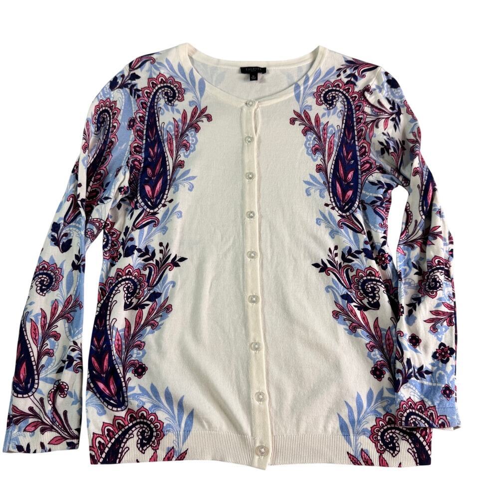 Talbots Petite Medium Paisley Cardigan Sweater Ivory Pink Blue Button Front MP